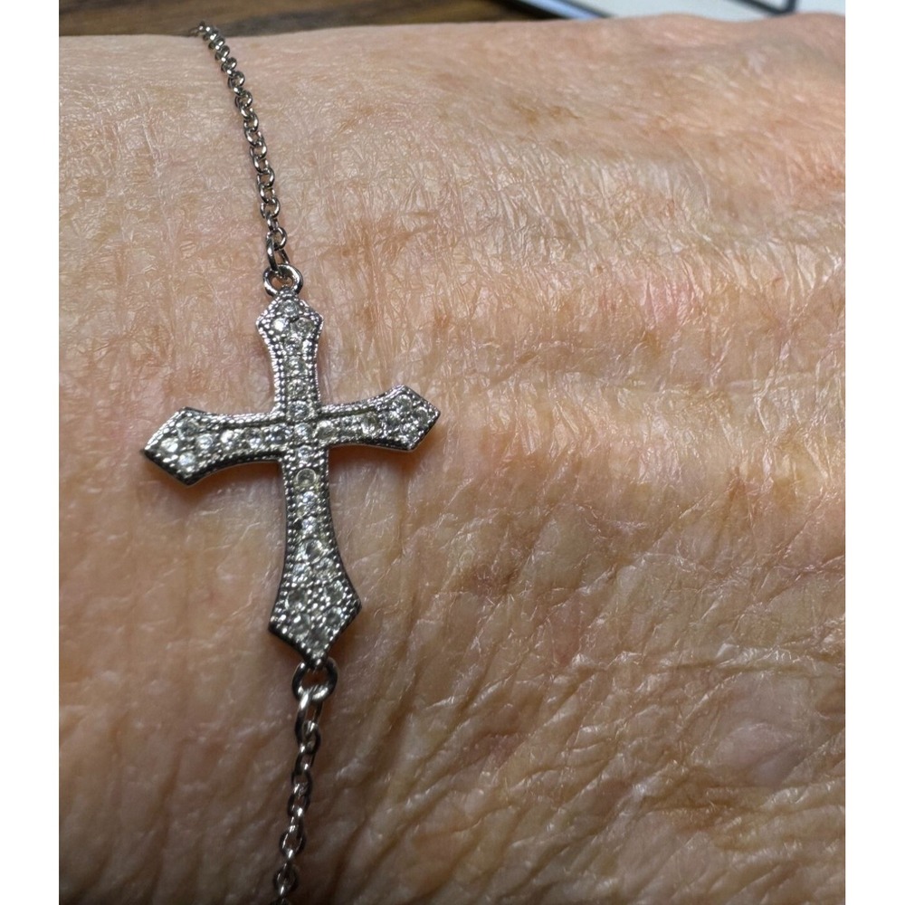 Vintage Sterling Silver Cross Bracelet Sideways Clear Stones 1/2"